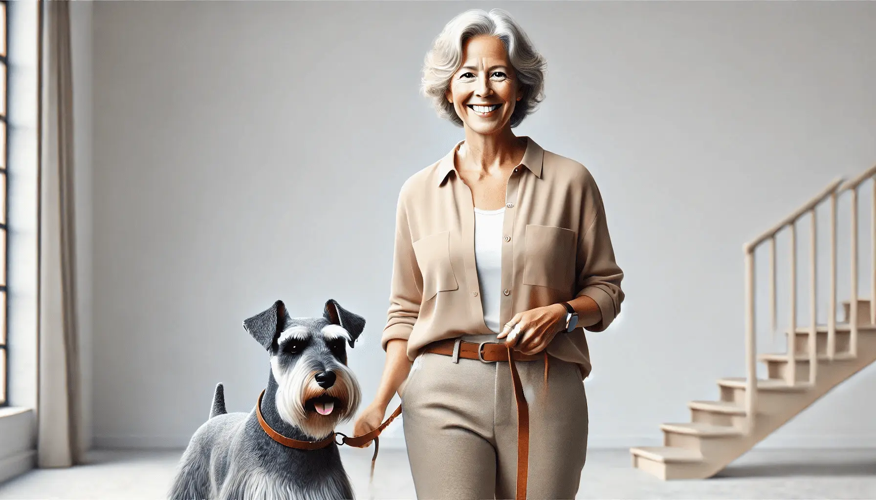 Moderne, ältere Frau mit grauen Haaren und Hund im Haus vor Treppe