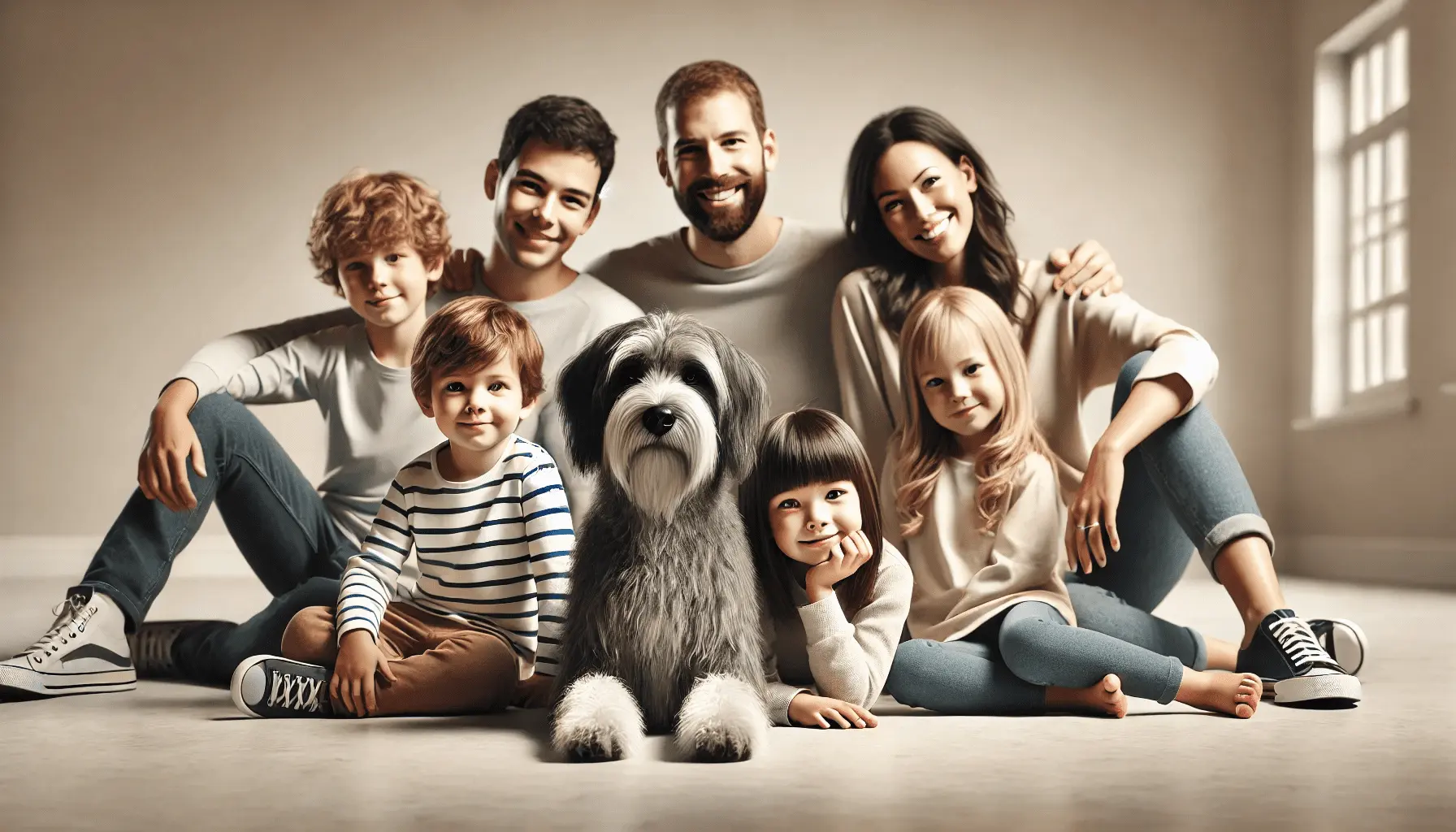 Familie mit Hund zeigt sich den Seitenbesuchern