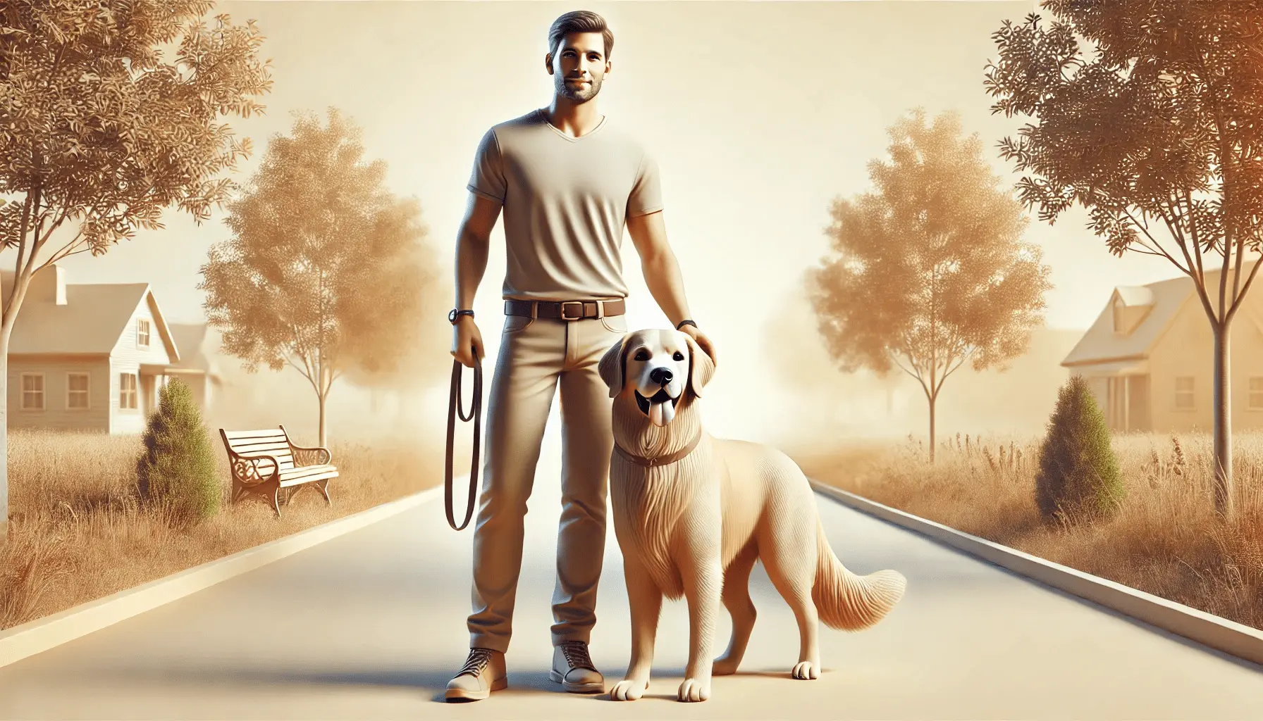 Mann mit Hund auf Gehweg